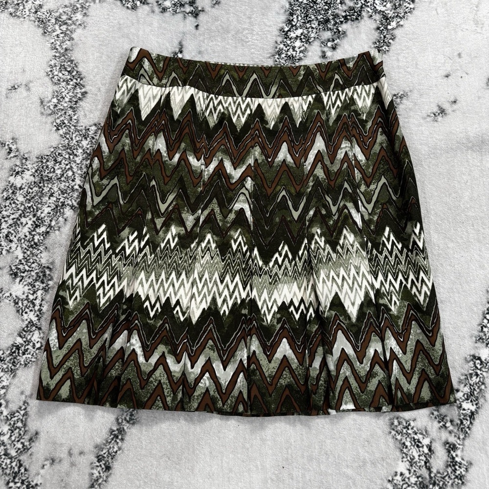 Carlisle Womens Size 12 Silk Skirt Green Brown Chevron Print A Line Lined